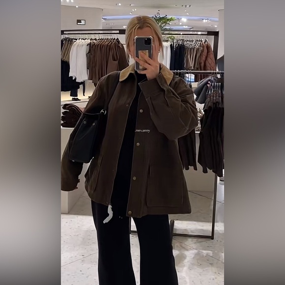 ZARA Oversized Contrast Collar Corduroy Barn Jacket Utility Coat. - Picture 12 of 13